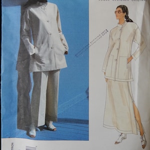 May include: Vogue Patterns sewing pattern featuring an Issey Miyake design. The pattern includes a long-sleeved jacket and pants ensemble. The image shows a model wearing the outfit. The pattern number is 1541.