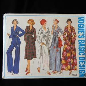 May include: Vogue's Basic Design sewing pattern featuring five different robe and loungewear designs. The illustrations showcase a variety of styles, including a blue pajama set, a plaid robe, a white robe, a striped robe, and a floral robe. The pattern number is 1333.
