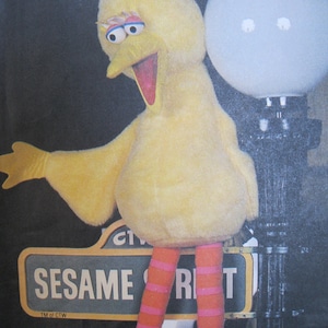 May include: A plush yellow Big Bird character from Sesame Street, with orange feet and legs striped with pink. The character is posed next to a Sesame Street sign. The sign is green with white lettering.