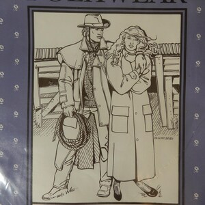 May include: A sewing pattern envelope for an Australian Drover's Coat by Folkwear. The cover features a black and white line drawing of two people wearing long coats and a sweater, with the text "FOLKWEAR" and "AUSTRALIAN DROVER'S COAT" printed.