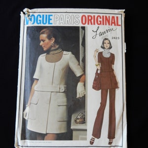 Size 12, Vogue Paris Original 2423 by Lanvin, mini jumper with belt, buttons, flap patch pockets, A line mini skirt and straight leg pants