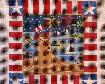 Patriotic Snowman, hand painted needlepoint canvas, 13 ct, image 6" sq on 10" sq canvas, sand snowman on beach, fireworks, red, white, blue