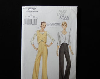 Size 14 to 22, Vogue 8717, very easy, high waisted pleated, flared pants, lined vest, jacket with seam detail, curved hemline, waist length