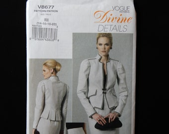 Size 14 - 20, Vogue 8677, fitted jacket with standing collar, darted sleeve cap, inverted back pleats, pocket flaps, skirt with raised waist