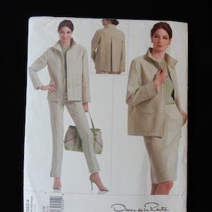 May include: A sewing pattern for a jacket and skirt. The pattern is by Oscar de la Renta and is for sizes 18-20-22. The pattern is for a jacket and skirt.