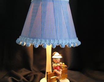Nursery Originals Vintage Lamp, blue gingham lampshade, Irmi design, circa 1950 - 60's, height 16.5" with shade, little boy's bedroom lamp