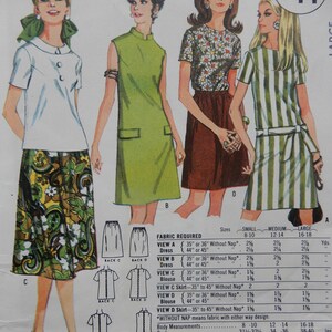 May include: Vintage sewing pattern featuring illustrations of women's dresses and blouses in various styles. The pattern includes a floral print dress, a green shift dress, and a striped dress. The pattern is designed for sizes 8-18.