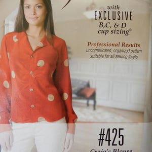 Size 1 - 4, 5W - 8W, garment bust 37&quot; - 55&quot;, Silhouette #425 Craig&#39;s Blouse, wing collar, below bust gathers, long sleeve, B, C, D cup sizes