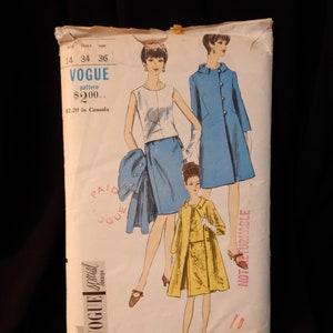 Size 14, bust 34", Vogue 6742 Special Design seam detailed 2 piece sleeveless dress, roll collar A line coat, bracelet sleeves, button, loop