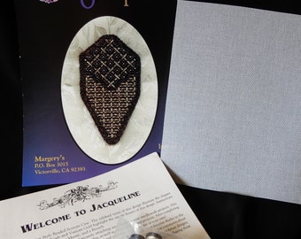 Jacqueline needlepoint kit, scissors case, tussie mussie, brooch, Margery's, Margery Williams, 1995, 18 count canvas, beads, braid, ribbon