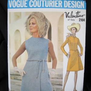 Retro Size 10, bust of 32.5&quot;, uncut 1960&#39;s Valentino of Italy, Vogue 2104 dress with shaped low waistline, A line wrap skirt, sleeve options