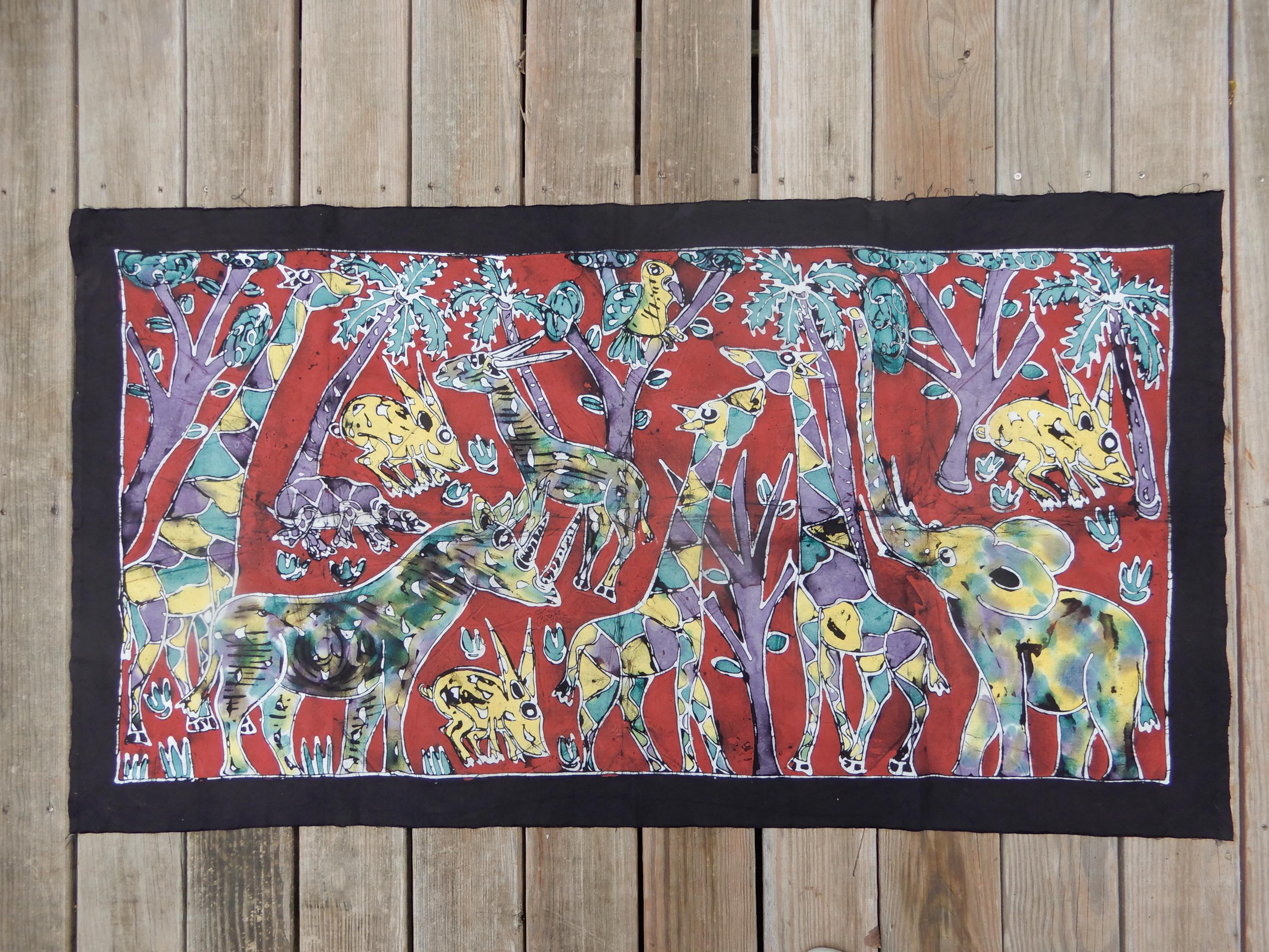 Batik panel 31" X 56", African animals, trees with movement and energy, abstraction, cranberry with black border, VG condition wall hanging