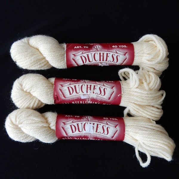 Duchess needlepoint wool, lot of 3, color 816, dye lot D75, warm cream shade, moth repellent, fast color, Hiawatha division, vintage yarn