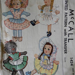 15&quot; tall rag doll sewing pattern from 1948, McCall 1424, missing face transfer for embroidery, soft stuffed doll with separate clothing