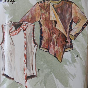 May include: A sewing pattern envelope titled The Rio Jacket & Vest #114, featuring illustrations of a long-sleeve jacket and a sleeveless vest. The jacket is brown with a textured pattern, while the vest is white with a red patterned trim.