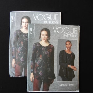 May include: Two Vogue Patterns sewing patterns, one for a long-sleeved top with a floral print and the other for a long-sleeved jacket with a black and white geometric design. The patterns are both by Marcy Tilton.