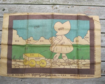 Hooked Rug Canvas, Wagon and Girl, Virginia Snow Studio, #4040 RUG, 26" X 40", burlap/hessian canvas, girl pulling wagon down pathway, retro