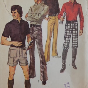 May include: Vintage fashion illustration featuring four men's outfits. The outfits include shirts, shorts, pants, and boots. The color palette includes shades of brown, red, and yellow. The text "Shirts not included" is visible.