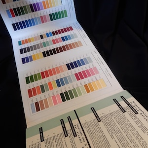 May include: A color chart for embroidery thread featuring a wide array of small, rectangular color swatches arranged in columns with corresponding numerical codes, alongside printed instructional text in German and Italian regarding washing.