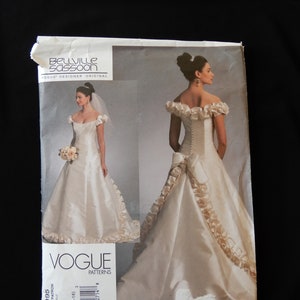 Size 6 to 10, Vogue 1095 by Bellville Sassoon, stunning off shoulder princess seamed flared gown with train, lace trimmed ruffles, 2009