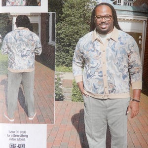 May include: A man wearing a patterned button-up shirt, light gray pants, and tan shoes. The shirt has a blue and white swirl design. The image includes a size chart and the text "KNOW ME BY mimi g".