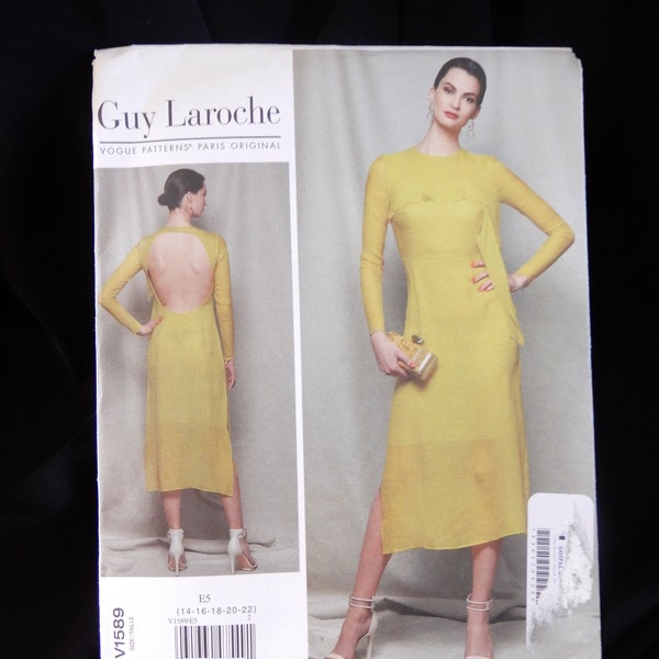 Size 14 - 22 Vogue 1589, Guy Laroche Paris, slim dress with short underdress, trailing bodice drape, open keyhole back, long tight sleeves