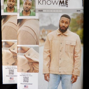 May include: A sewing pattern package featuring a man in a tan jacket and light blue jeans. The package includes the text "NORRIS DANTA FORD knowME by mimiG" and size information. The package also includes a QR code.
