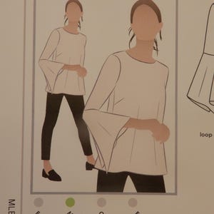 May include: Illustration of a white Harlow Top with flared sleeves, paired with black pants and shoes. The text "HARLOW TOP" is at the top, with "page 1 of 3" next to it. The difficulty level is marked as "Medium".