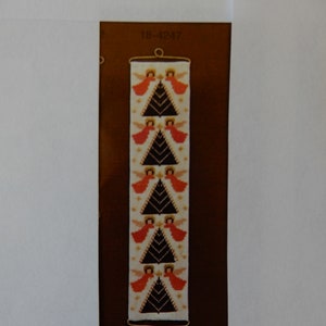 Haandarbejdets Fremme, Angels and Trees, mini bell pull kit, Ida Winckler, 30 ct linen, flower thread, gold thread, hardware, 2.75&quot; X 12&quot;