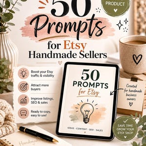 May include: Digital product advertisement for Etsy handmade sellers. The image features a tablet displaying "50 Prompts for Etsy" with a lightbulb graphic. Text highlights benefits like boosting traffic, attracting buyers, and improving SEO. A coffee mug and notepad are also visible.