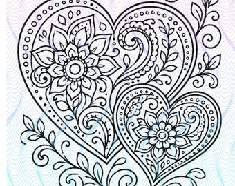 Floral Double Heart Tattoo Stencil – Fine Line Art, Paisley Design (Digital Download)