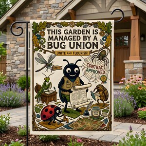 Puede incluir: Una bandera de jardín rectangular con fondo crema y una ilustración central de un escarabajo negro sosteniendo un plano. El texto dice: THIS GARDEN IS MANAGED BY A BUG UNION, UNITE AND FLOURISH!, UNITY!, CONTRACT APPROVED, y UNION FONA.