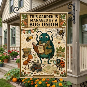 Puede incluir: Una bandera de jardín rectangular con un escarabajo central de color verde azulado con chaleco y pajarita, leyendo un libro titulado Garden Minutes. El texto dice This Garden Is Managed By A Bug Union y Certified Harmonious Harvest, con ilustraciones de una hormiga, una mariquita, una abeja y una araña con un contrato.