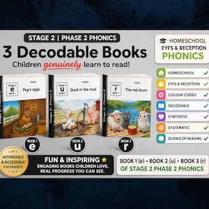 Puede incluir: Tres libros decodificables para fonética de etapa 2 fase 2 titulados Peg's eggs, Duck in the mud y The red drum. El conjunto incluye etiquetas educativas para educación en casa y recepción EYFS, destacando características codificadas por colores.