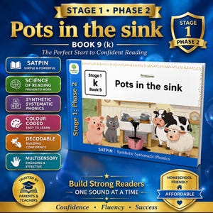 May include: A rectangular educational book titled Pots in the sink, Book 9 (k), Stage 1 Phase 2. The cover features a cartoon illustration of a pig, cat, cow, and sheep near a sink. The blue border includes text about synthetic systematic phonics.