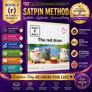 May include: A square educational phonics book titled The red drum, featuring a white sheep, a gray cat, and a goat standing near a river. The cover displays the text Stage 2 r Book 3 and a small pink heart. The background is purple with gold accents.