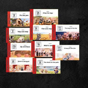 May include: A selection of children's reading books, each with a red border and the label "Stage 3 Phase 3." Titles include "Fix the pen," "Chop the logs," and "Yelp and help." The illustrations are bright and engaging.