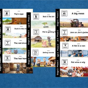 Puede incluir: Un conjunto de tarjetas de lectura educativas para niños. Cada tarjeta presenta un título y una ilustración. Los títulos incluyen "Peg's eggs", "Duck in the m", "The red drum", "The hot ham", "Bob in the bin", "Pat is getting fi", "Selling carrots", "A big mess", "Jam on Jim's jacket", "A Vet in a van" y "Pat wins a wig".