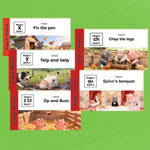 Puede incluir: Un conjunto de tarjetas educativas con ilustraciones y texto. Las tarjetas presentan títulos como "Fix the pen", "Yelp and help", "Zip and Buzz", "Chop the logs" y "Quinn's banquet". Diseñado para la alfabetización temprana.