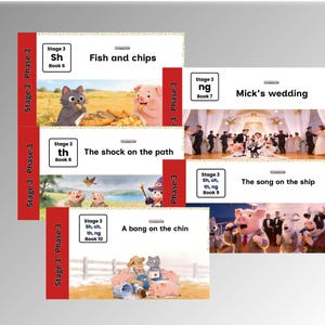 Puede incluir: Una colección de libros de lectura para niños con ilustraciones coloridas y texto. Los libros están etiquetados como "Stage 3: Phase 3" y presentan títulos como "Fish and Chips" y "Mick's Wedding". Las imágenes muestran animales de dibujos animados.