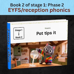 Puede incluir: Un libro infantil titulado "Pat tips it" con un gato de dibujos animados vertiendo leche. El libro está etiquetado como "Book 2 of stage 1: Phase 2 EYFS/reception phonics". La portada es blanca con detalles azules.