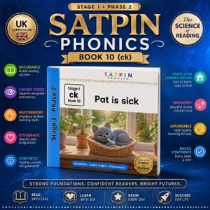 Pode incluir: Um livro educativo Satpin Phonics Book 10 (ck) com uma ilustração de capa de um gato cinzento com um termómetro num cesto de vime. O texto diz Stage 1 Phase 2, Satpin Phonics, Book 10 (ck) e Pat is sick. O fundo é azul.