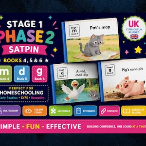 May include: A Stage 1 Phase 2 SATPIN educational set featuring books 4, 5, and 6. The dark blue cover displays colorful text, icons, and illustrations of a cat with a map, a duck, and a pig in a sand pit. It includes labels for UK curriculum alignment.
