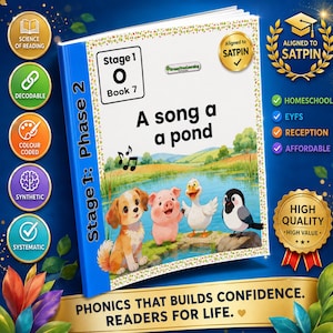 Op de afbeelding: Een kinderboek over fonetiek getiteld A song a pond, Stage 1, Book 7, met een blauwe rug en een omslagillustratie van een puppy, biggetje, eend en vogel bij een vijver. De omslag bevat tekst, muzieknoten en diverse goudkleurige ronde badges.