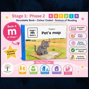 May include: A softcover educational book titled Pat's map, featuring a gray kitten looking at a map in a field. The cover includes text Stage 1 m Book 4, with pink background elements, star icons, and labels for Decodable Book, Colour Coded, and Science of Reading.