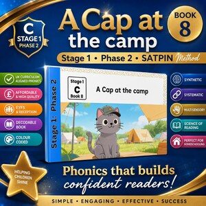 May include: A phonics book titled A Cap at the camp, Book 8, Stage 1, Phase 2. The cover features a gray cartoon cat wearing a green cap in a campsite setting with tents. The design includes gold accents, text labels, and icons for educational use.