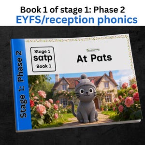 Puede incluir: Un libro infantil titulado "At Pats" con un gato de dibujos animados con sombrero en la portada. El libro está etiquetado como "Fase 1: Fase 2" y "Libro 1" con el texto "EYFS/fonética de recepción" en la parte superior.