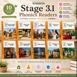 May include: A set of 10 Stage 3.1 Phonics Readers decodable books featuring colorful illustrations and titles like A fool with the tools, The farm shop, The woodyard, A cow in town, Sheep in a jeep, The cat's curls, A mess with the paint, The storm, The boat trip, and The lost letter.