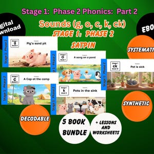 Puede incluir: Un conjunto de libros de fonética para niños con títulos como "Pig's sand pit" y "A Cap at the camp". La imagen incluye texto que dice "Stage 1: Phase 2 Phonics: Part 2" y "5 Book Bundle + Lessons and Worksheets". Los libros están etiquetados como "Digital download" y "Ebooks".