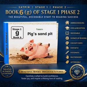 Puede incluir: Un libro educativo rectangular titulado Pig's sand pit, Stage 1 Book 6, con un cerdo de dibujos animados en la portada. El fondo azul incluye texto que enumera características como Homeschooling, Decodable y Science of Reading, con sellos dorados.